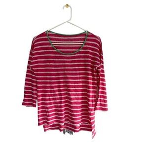 Talbots Linen T Shirt Top Pink Stripe 3/4 Sleeves Scoop Neck Size PM